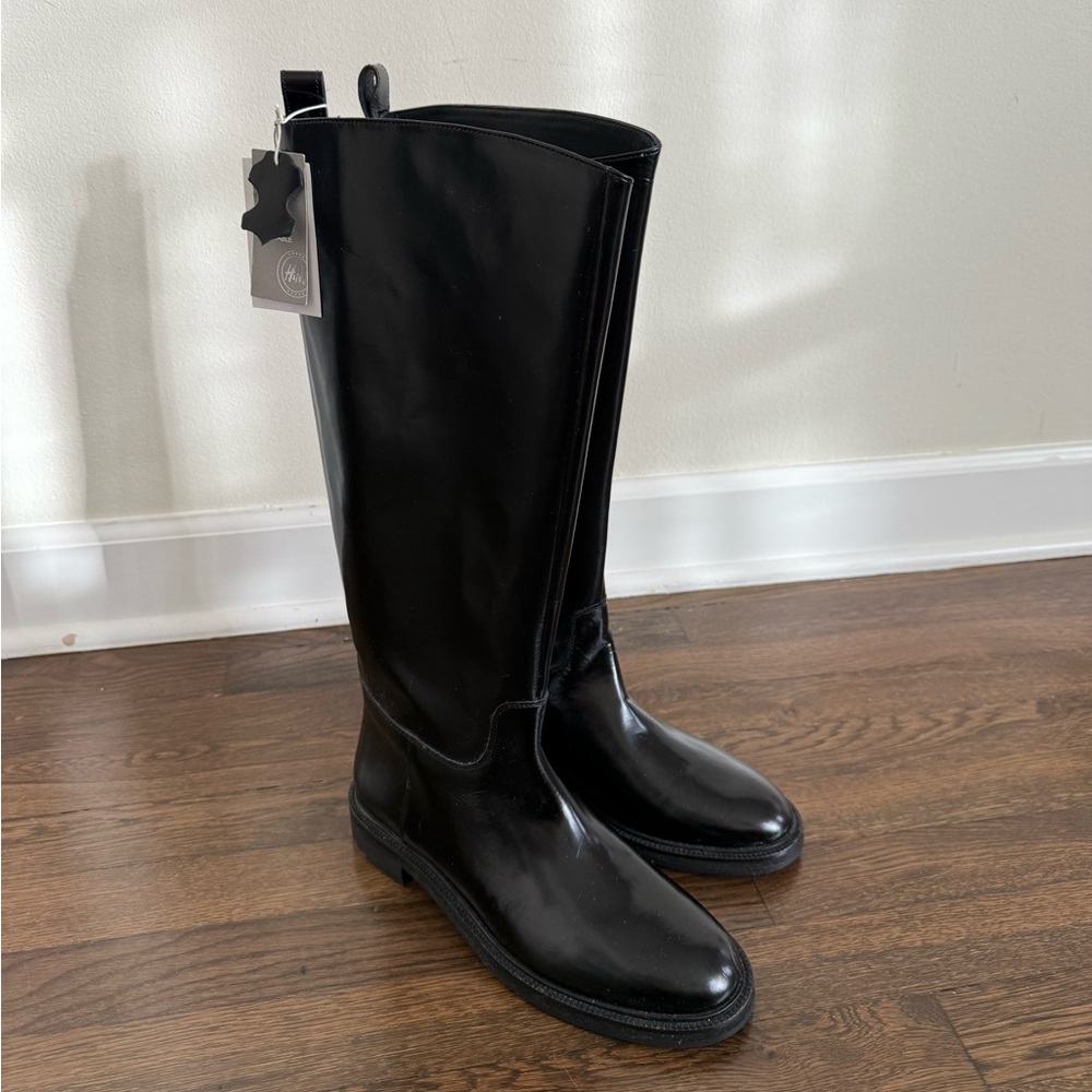 NWT H&M GENUINE LEATHER | Black Knee Boots Welly Style